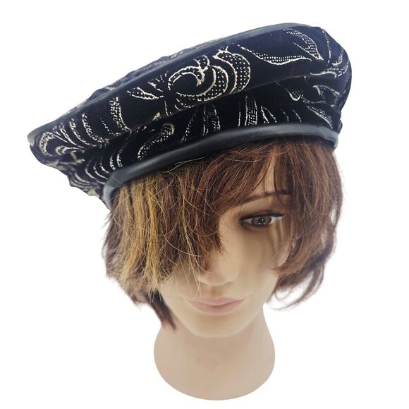 VTG Hat Evening Cocktail Cap Black & Gold Velvet Beret Dressy Formal Size XL - Picture 1 of 8